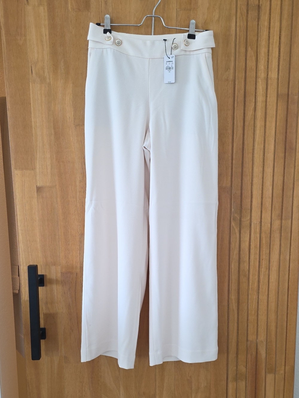 Express Cream Wide-Leg High-Rise Pants with Button Trim